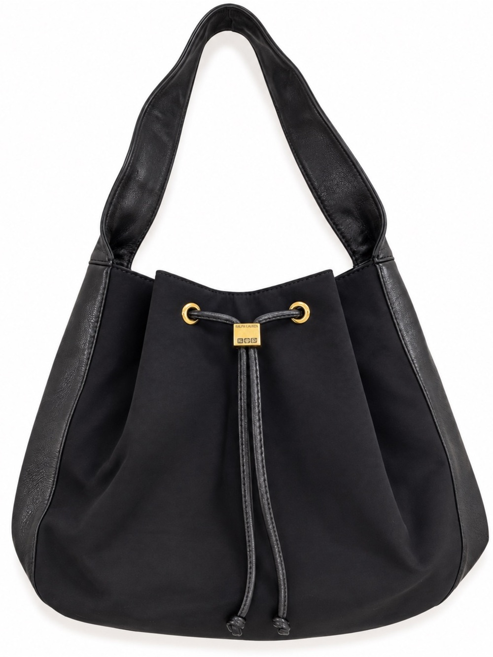 Vintage Ralph Lauren Black Nylon Leather Drawstring Bucket Hobo Bag